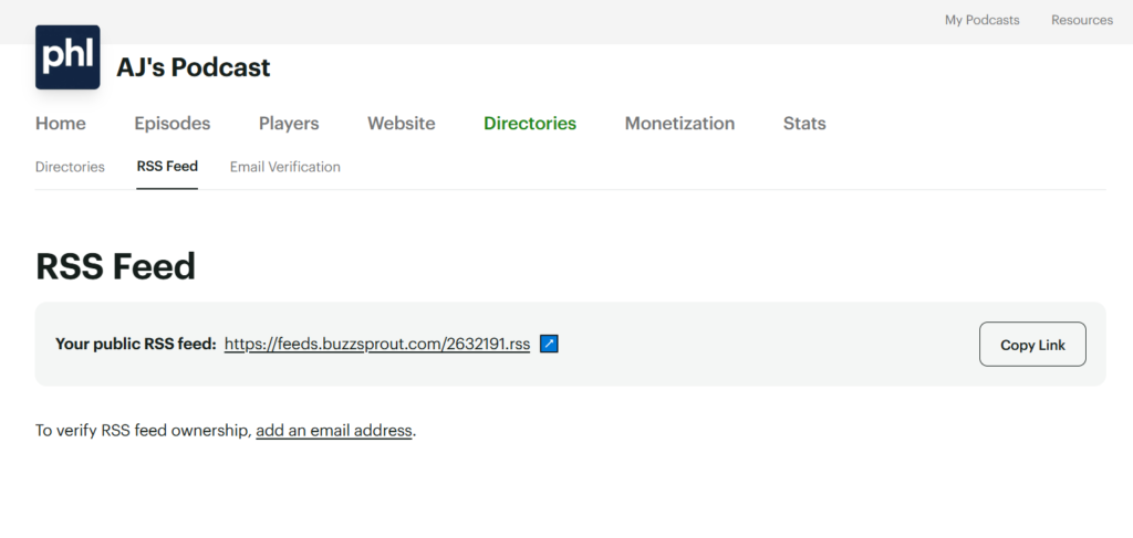 Buzzsprout Directories tab showing the public RSS feed URL and a Copy Link button.