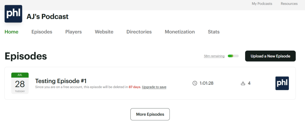 Buzzsprout episodes screen on the free plan, showing 58 minutes of monthly upload time remaining and a notice that the episode will be deleted in 87 days unless you upgrade.