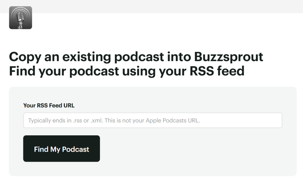Buzzsprout import screen with a Podbean RSS feed URL pasted into the import field