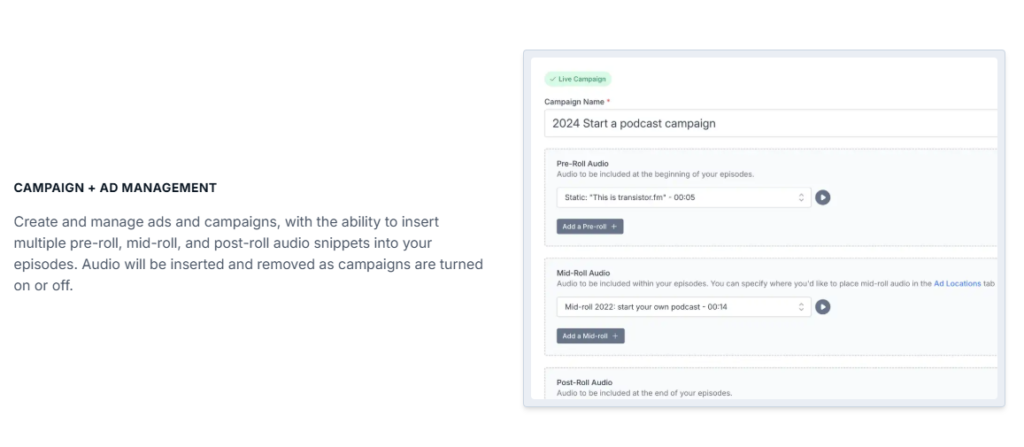 Transistor campaign and ad management screen for scheduling ads across episodes.