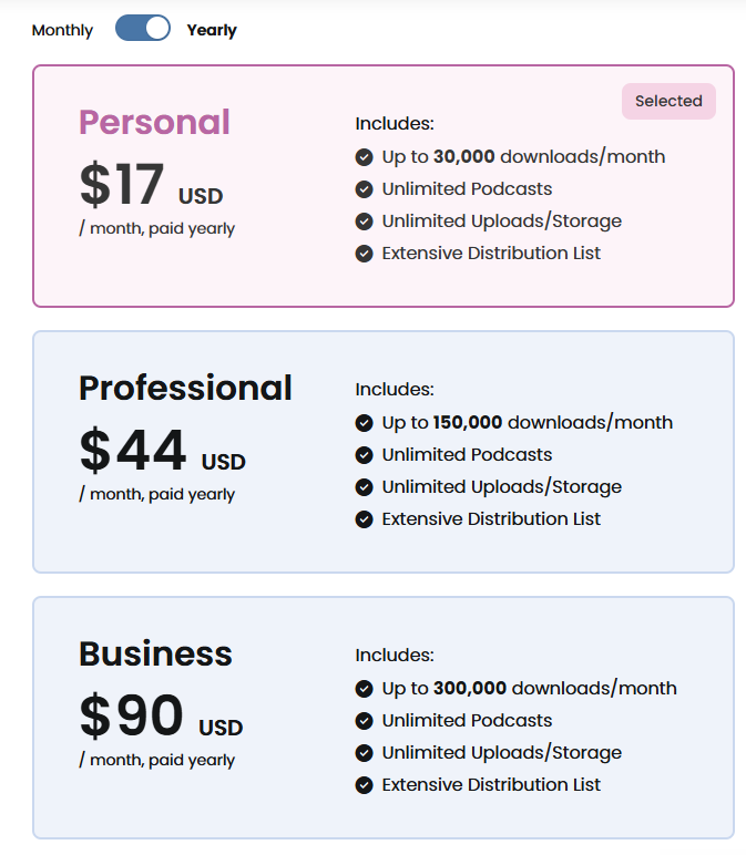 Captivate yearly pricing page showing the Personal plan and what it includes.