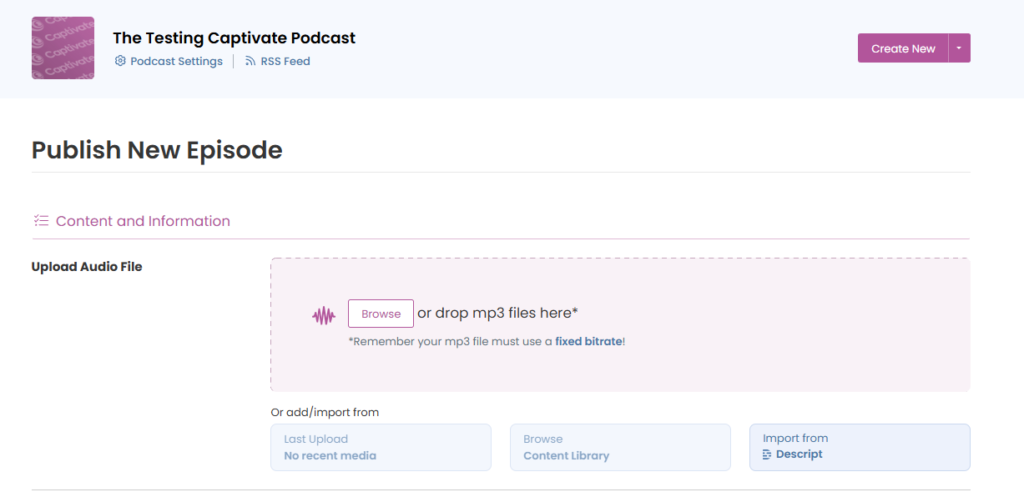 podcast hosting example from Captivate