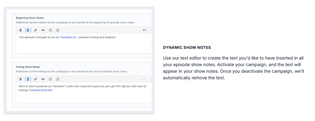 Transistor dynamic show notes setup, which inserts changeable text into every episode description.