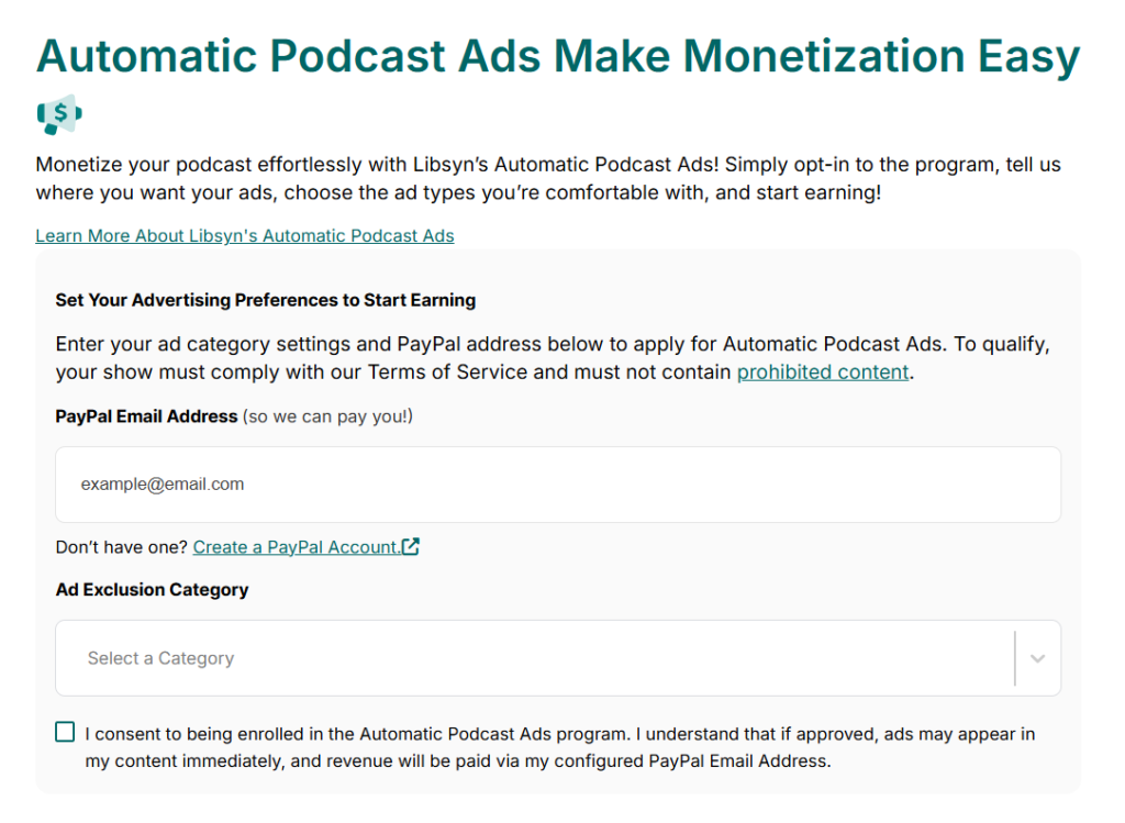 Libsyn Automatic Podcast Ads setup screen with advertising preferences and an ad exclusion category.