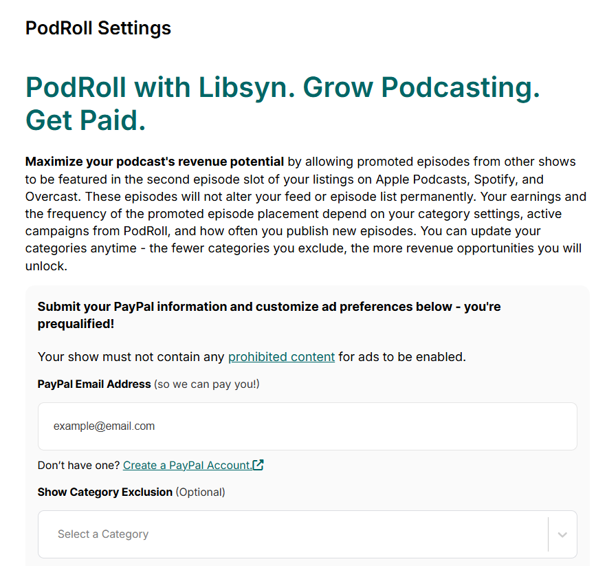 Libsyn PodRoll settings screen, which places promoted episodes from other shows into a podcast's listings.