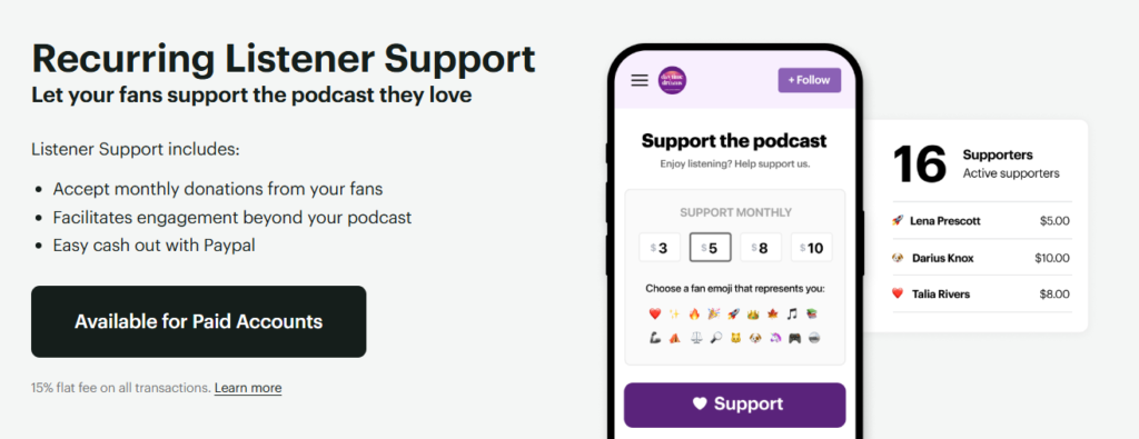 A podcast host's recurring listener support page offering monthly fan donations from 3 to 10 dollars, available on paid accounts with a 15 percent flat transaction fee.