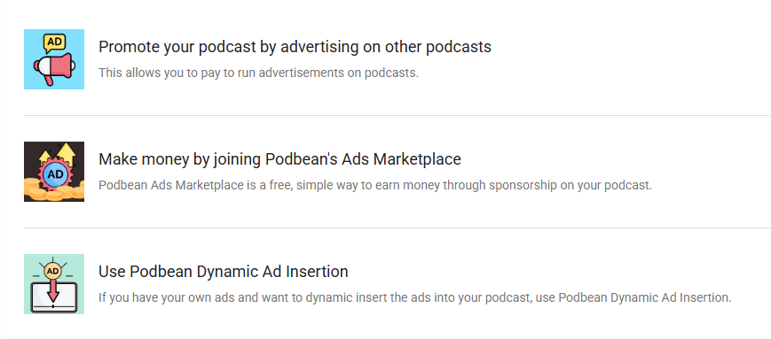 Podbean's in-dashboard monetization menu, with Dynamic Ad Insertion listed alongside its Ads Marketplace