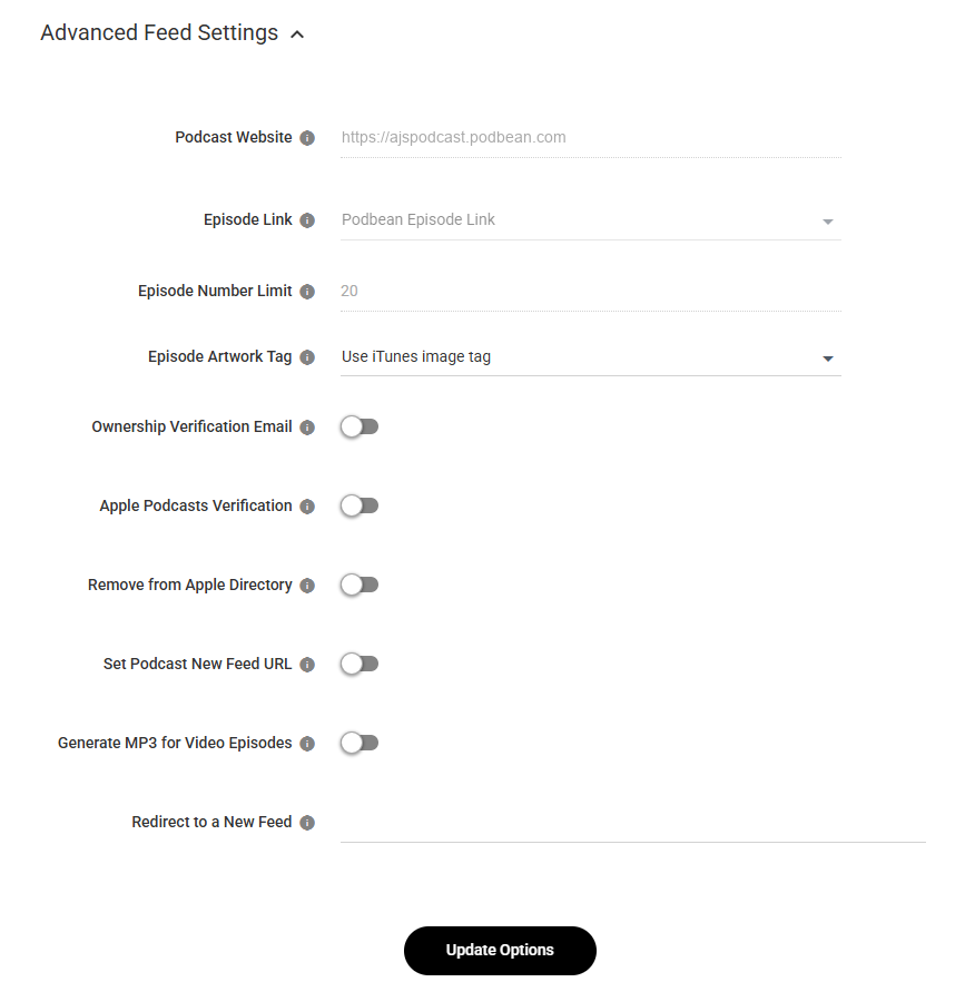 Podbean Advanced Feed Settings panel with the Redirect to a New Feed field at the bottom, the setting that forwards subscribers to the new host.