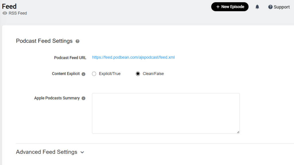 Podbean podcast feed settings screen showing the show's RSS feed URL, the address a new host needs to import from.