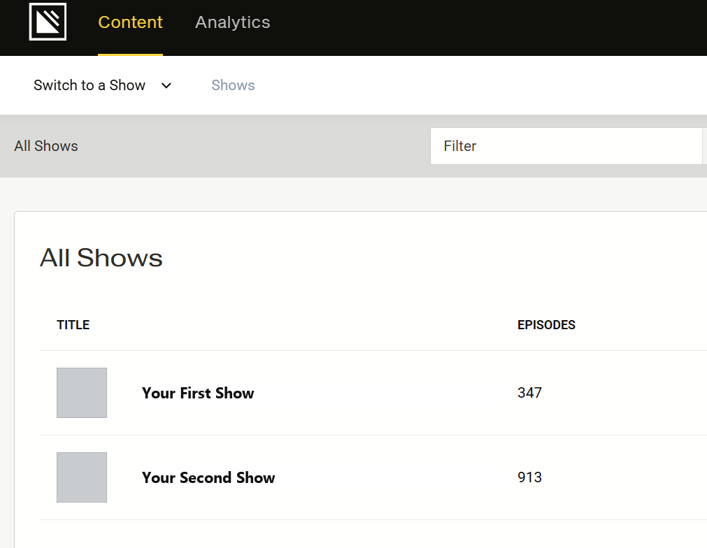 Simplecast All Shows screen listing two podcasts on one account