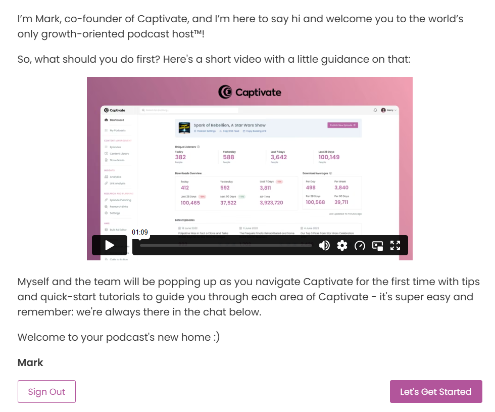 Captivate's Onboarding for new sign ups, including videos and tutorials to guide new users on how to use the Captivate dashboard and tools