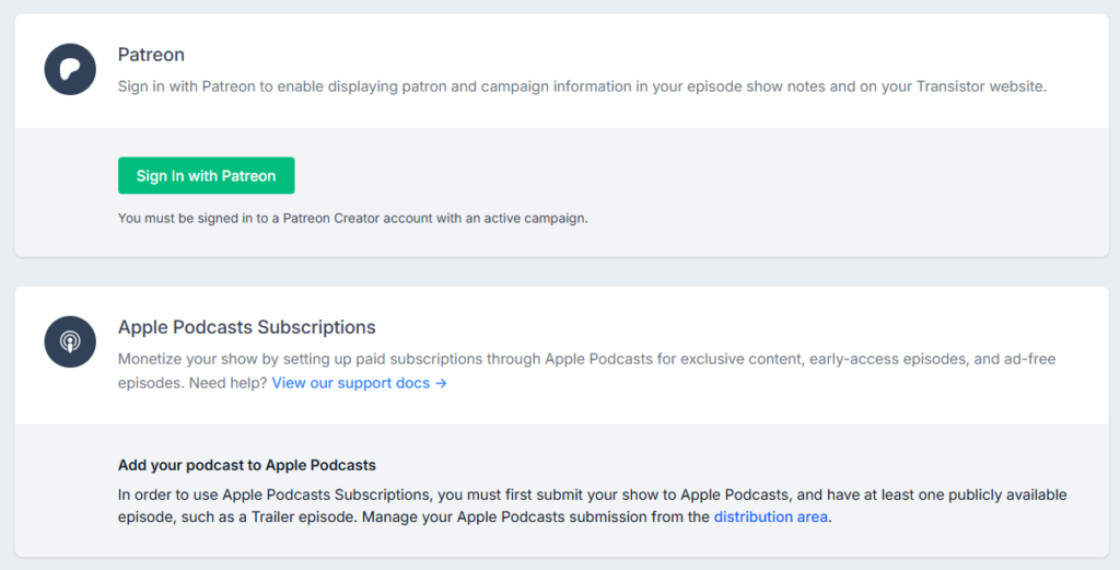 Transistor Patreon and Apple Podcasts Monetization