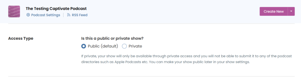 Captivate private podcast settings