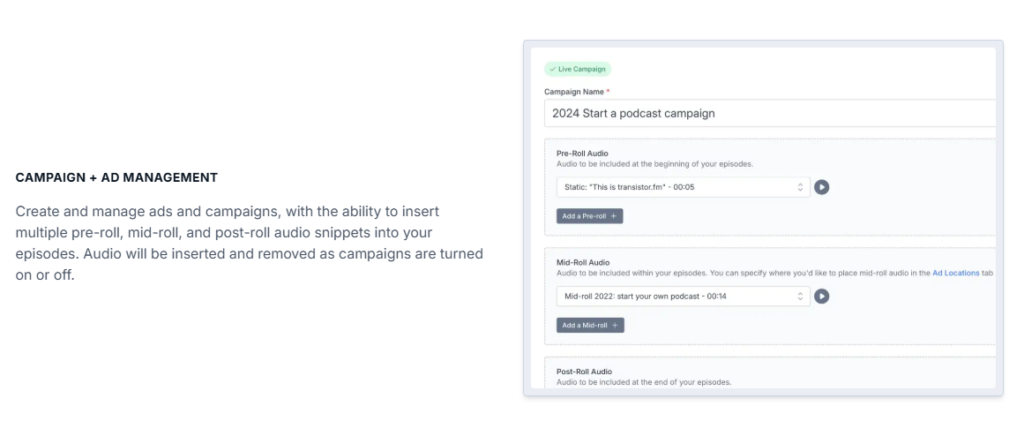 Transistor campaign and ad management screen listing pre-roll, mid-roll, and post-roll audio slots inside a single live campaign