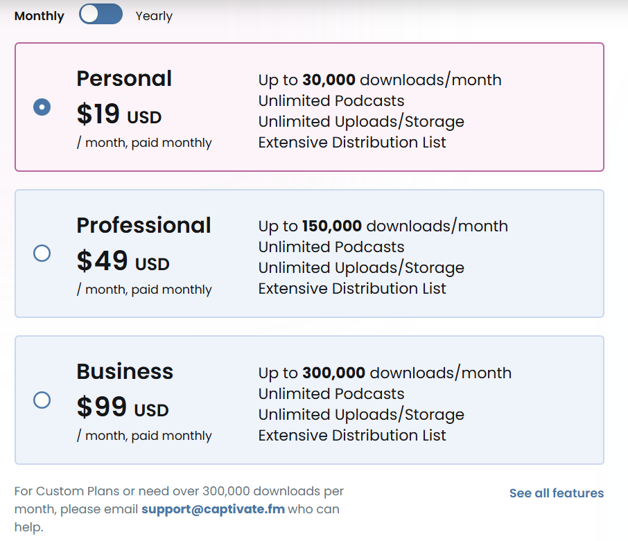 Captivate pricing page showing the $19 Personal, $49 Professional, and $99 Business plans for month to month users