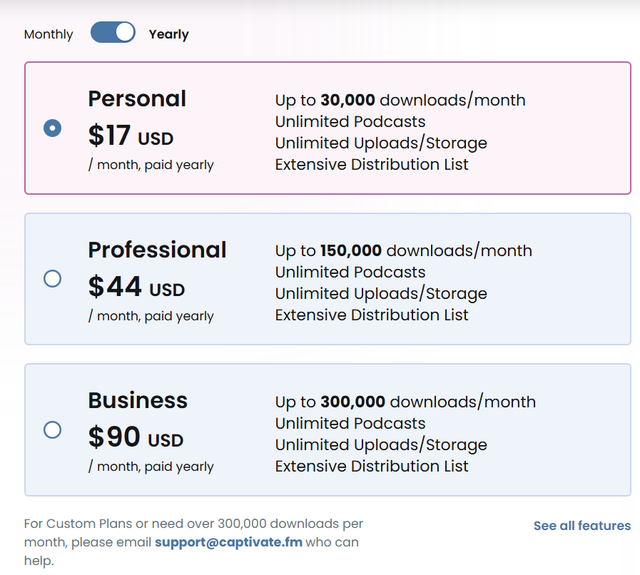 Captivate pricing page showing the $17 Personal, $44 Professional, and $90 Business plans
