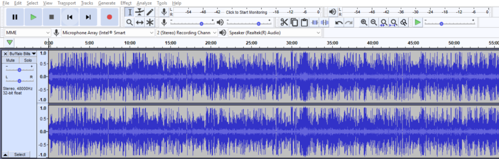 A look at a two track audio file in Audacity, an audio editor