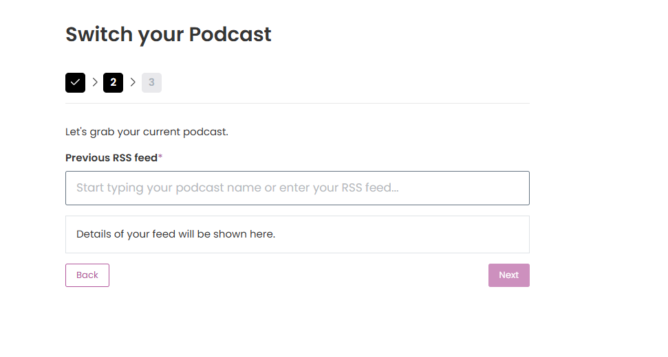 Captivate import screen where a podcast is brought in from an existing RSS feed.