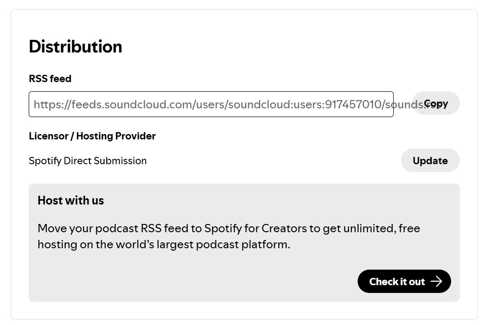 Spotify for Creators Distribution settings showing the RSS feed URL field with a Copy button and the listed hosting provider.