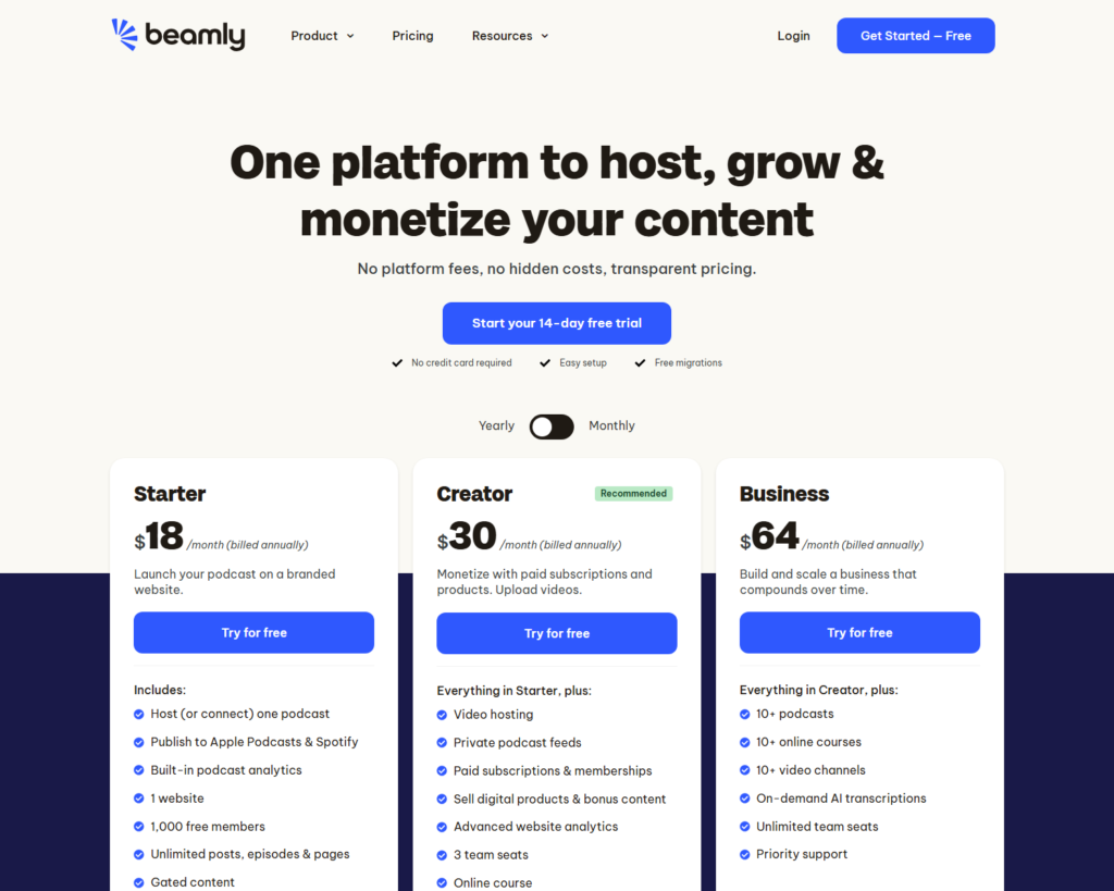 Beamly pricing page showing Starter at 18 dollars, Creator at 30 dollars, and Business at 64 dollars a month billed annually, with a 14-day free trial and no credit card required. website builder comparison
