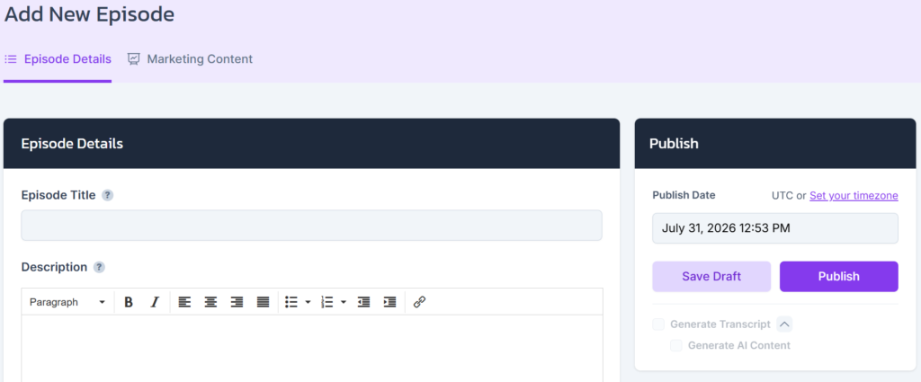 Castos add new episode screen, which accepts MP3 and M4A files only.