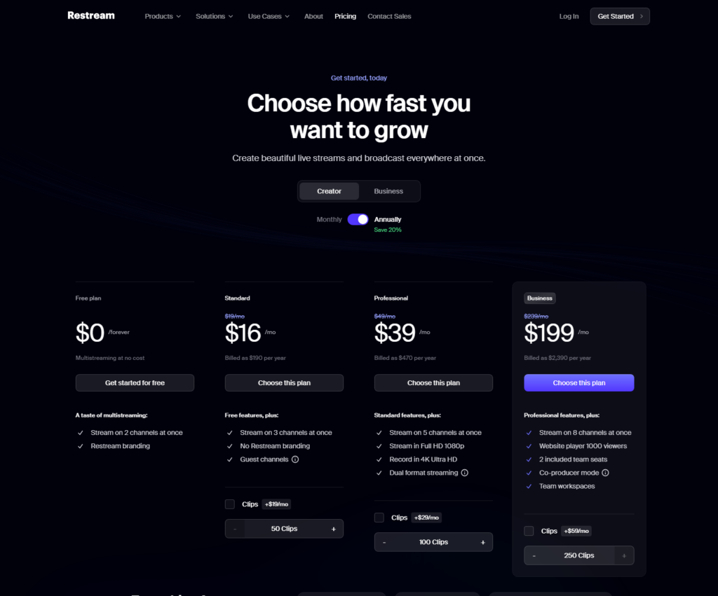 Restream pricing page showing the Free plan, Standard at 16 dollars a month, Professional at 39 dollars, and Business at 199 dollars, with the number of simultaneous streaming channels listed for each tier.
