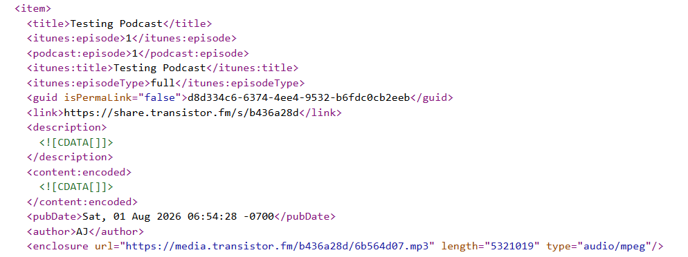 Raw XML of a podcast RSS item block, showing the guid tag with isPermaLink set to false next to the episode title and the enclosure audio file.