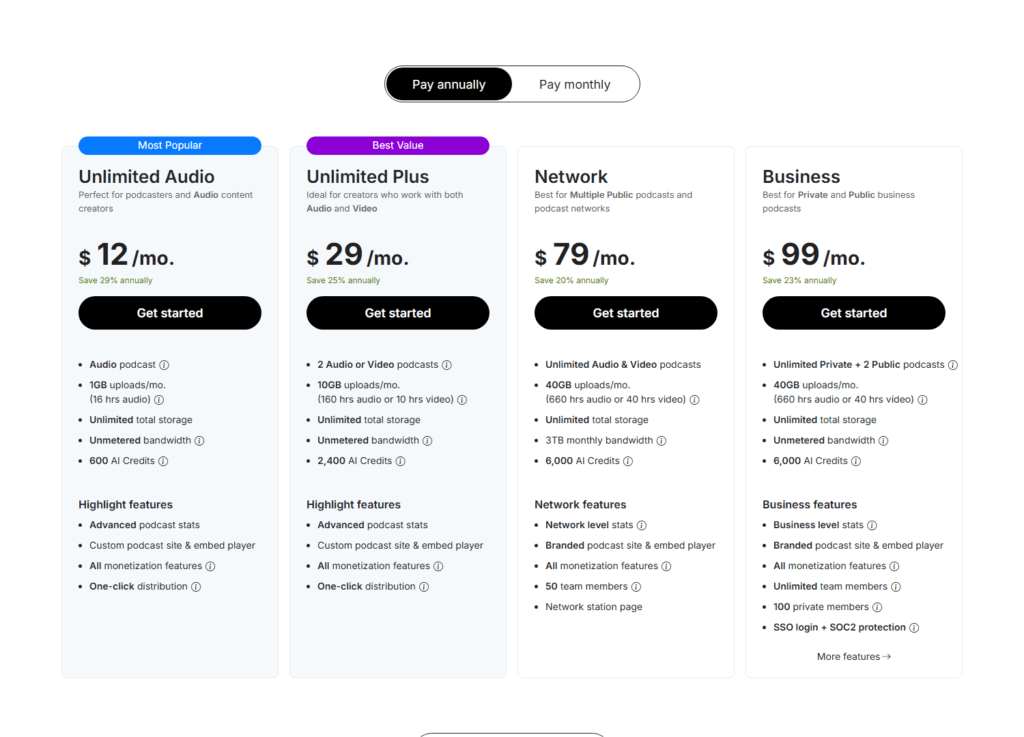 Podbean pricing page opening on annual billing with Unlimited Audio at 12 dollars a month.