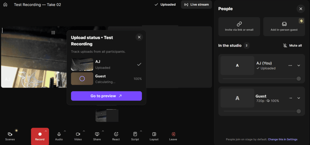 Riverside upload status panel after a recording, showing the host track uploaded and the guest track still processing at 100 percent.