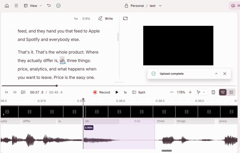 Descript transcript editor with the filler word uh selected in the text and highlighted on the timeline below, showing its 0.909 second duration.