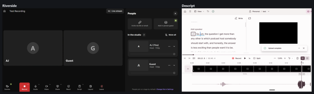 Riverside's recording studio with two participants on separate tracks, beside Descript's transcript editor showing a transcribed recording with its timeline and waveform.