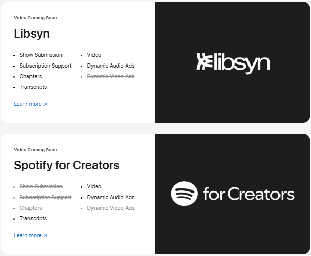 Apple Podcasts hosting directory cards for Libsyn and Spotify for Creators, both labeled Video Coming Soon.