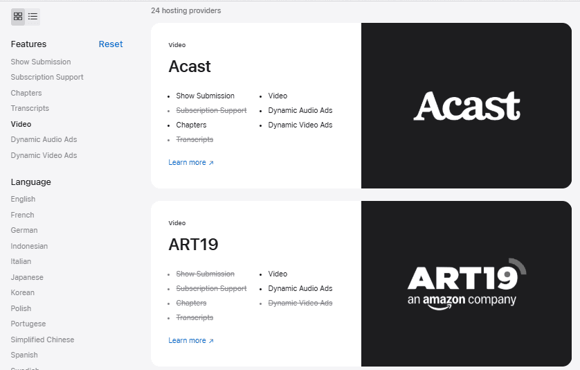 Apple Podcasts hosting provider directory filtered to Video, showing 24 hosting providers with Acast and ART19 at the top of the list.
