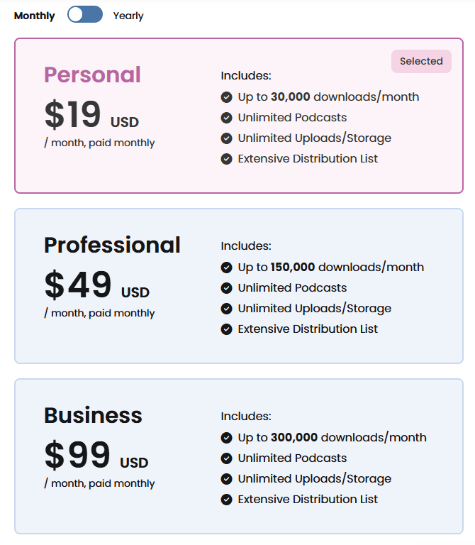 Captivate pricing page on month-to-month billing showing Personal at 19 dollars, Professional at 49 dollars, and Business at 99 dollars with download limits of 30,000, 150,000, and 300,000 a month.