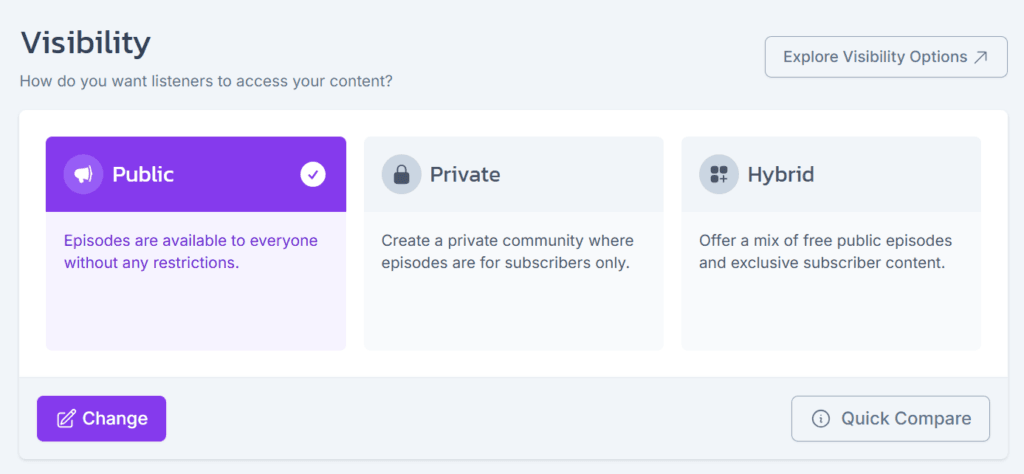Castos visibility settings offering Public, Private, and Hybrid, with Private described as a private community where episodes are for subscribers only.