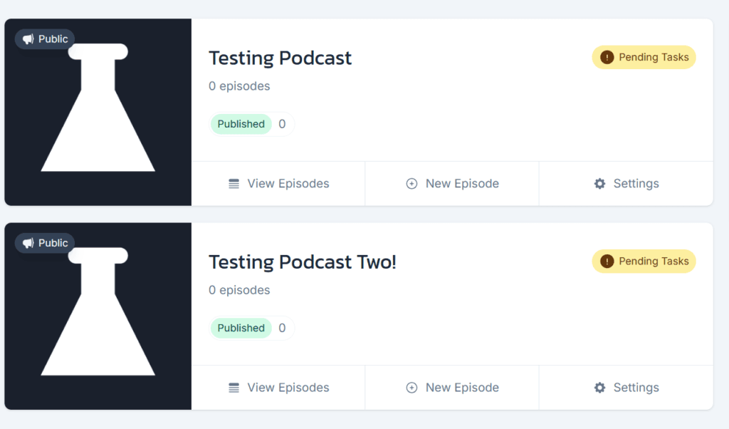 Castos dashboard listing two public podcasts in one account, each with its own episodes and settings buttons.