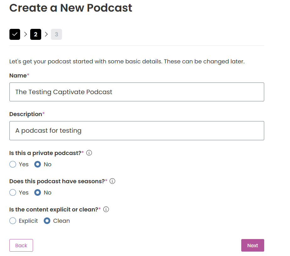 Captivate Create a New Podcast form asking for a name and description and whether the show is private, has seasons, and is explicit or clean.