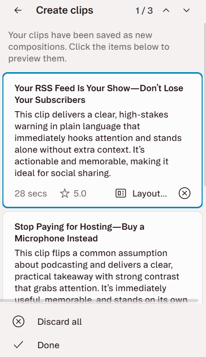 Descript Create clips results showing generated clips saved as new compositions, each with a title, length, and rating.