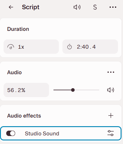 Descript Properties panel with Studio Sound switched on under Audio effects.