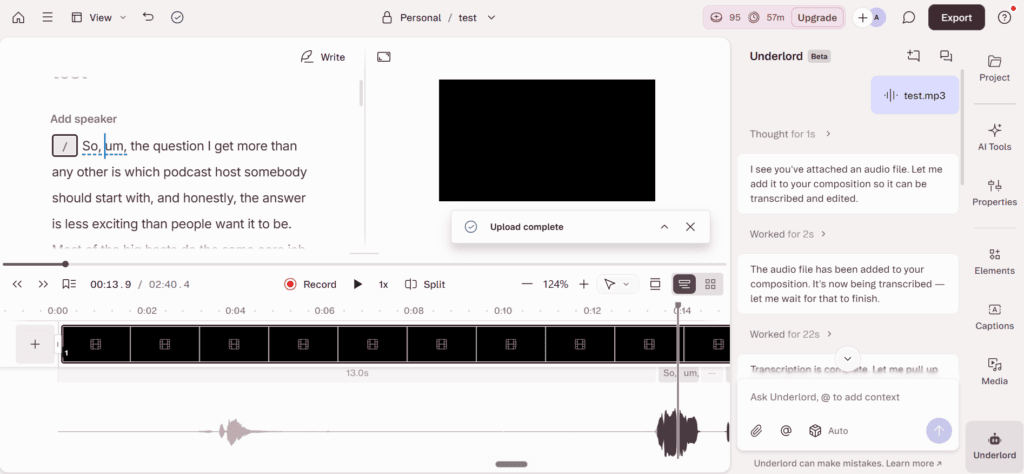Descript editor top bar showing 95 AI credits and 57 media minutes remaining on the free plan next to the Upgrade button.