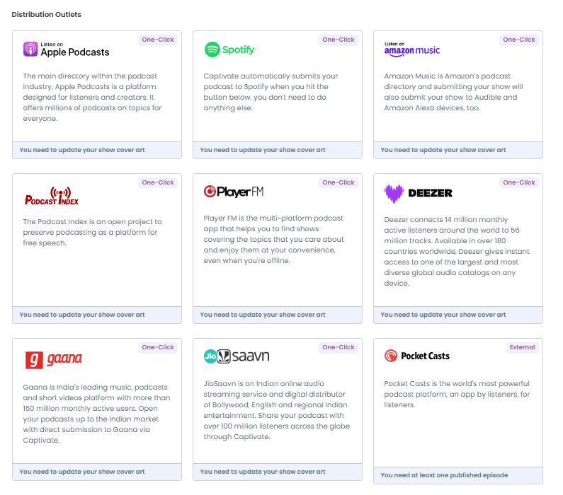 Captivate distribution outlets page with one-click submission cards for Apple Podcasts, Spotify, Amazon Music, and other podcast apps.