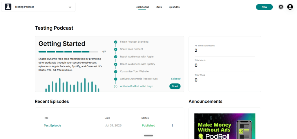 Libsyn 5 dashboard home with the getting-started checklist, all-time downloads, and the recent episodes list.
