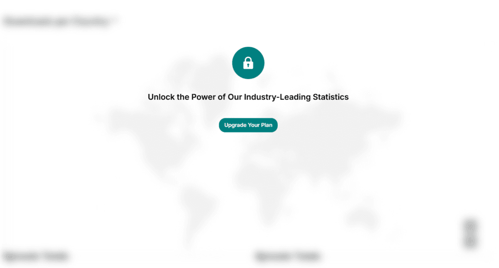 Libsyn 5 stats page on a 162 MB plan with the downloads-by-country map locked behind an Upgrade Your Plan prompt.