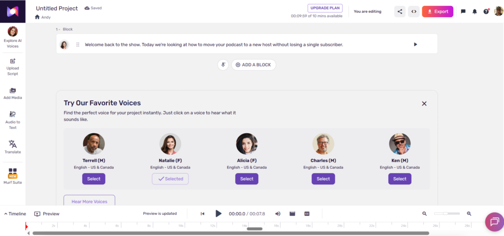 Murf Studio editor on the free plan with a script block filled in and five stock voices to choose from, showing 10 minutes of voice generation available.