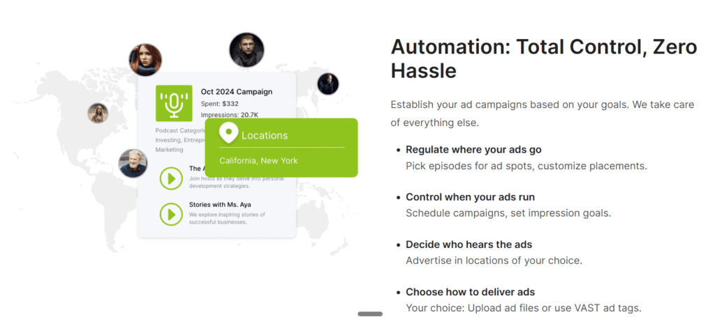 Podbean PodAds dynamic ad insertion page showing a sample campaign card with location targeting and the campaign scheduling options.
