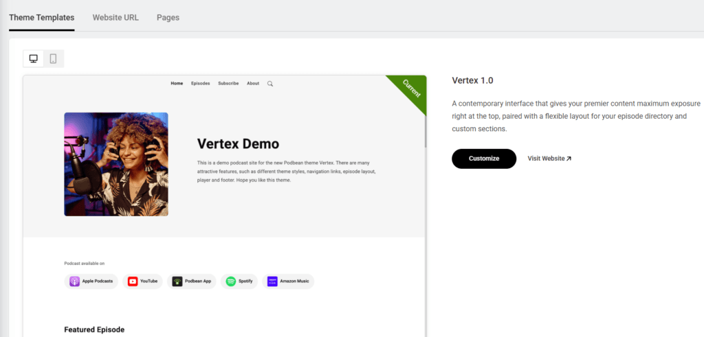 Podbean website builder with the Vertex theme selected and a preview of the podcast site's home page.