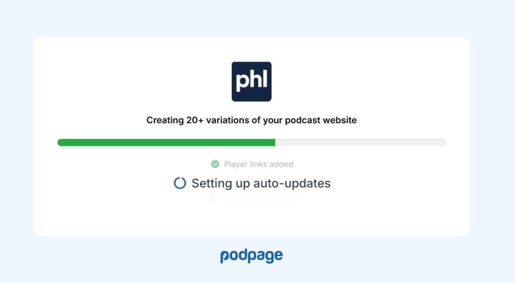 Podpage setup screen creating 20 plus variations of a podcast website, with player links added and auto-updates being set up.