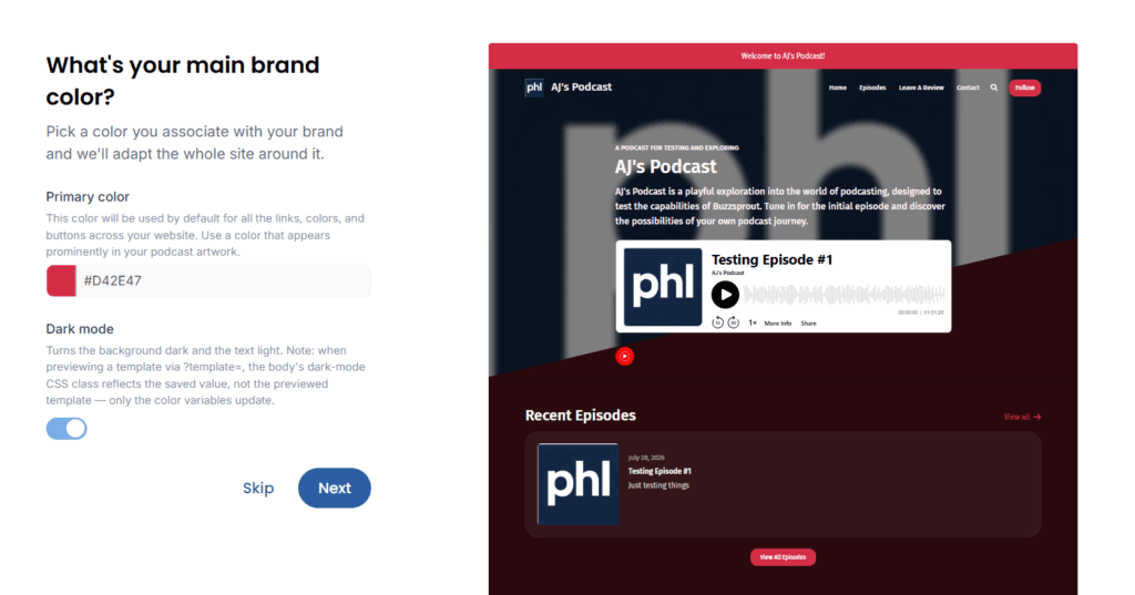 Podpage setup step choosing a primary brand color and dark mode, with a live preview of the podcast website and its recent episodes.