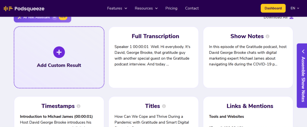 Podsqueeze results page for a processed episode, with cards for the full transcription, show notes, timestamps, titles, and links and mentions.