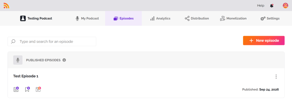 RSS.com dashboard on a free account, showing the Episodes tab with a published episode.